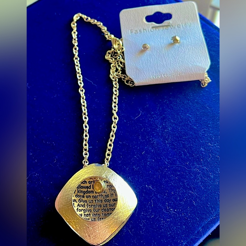 Our Father Prayer Necklace and Stud Earrings Set - Gold - NWT